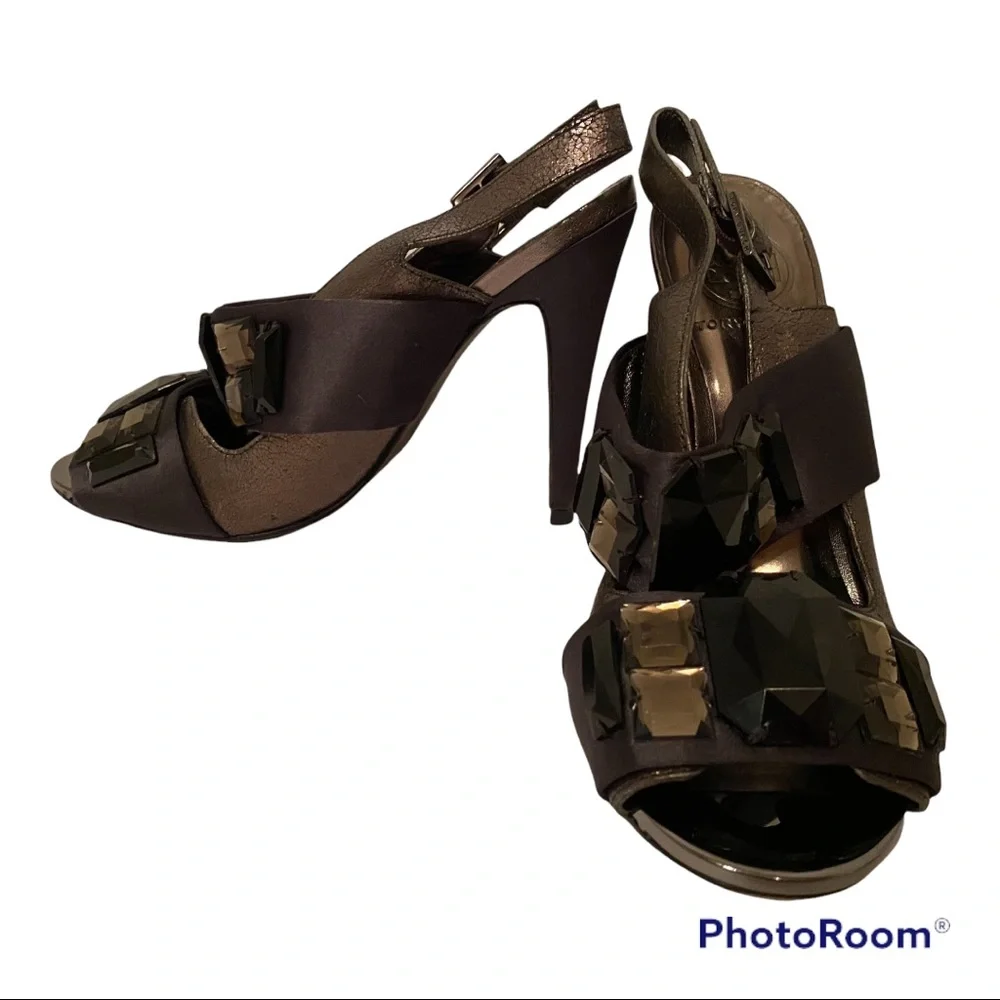 TORY BURCH SHOES HIGH HEELS SILVER LEATHER BLACK GEMS BUCKLE STRAP SIZE 6 M